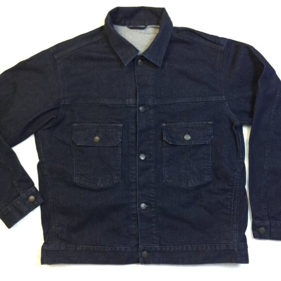 Uniqlo Jean Denim Jacket Sz XL Mens Blue Dark Wash Pockets Button Up Long Sleeve - Picture 1 of 14
